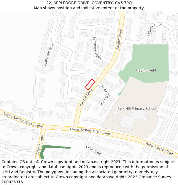 22, APPLEDORE DRIVE, COVENTRY, CV5 7PQ: Location map and indicative extent of plot
