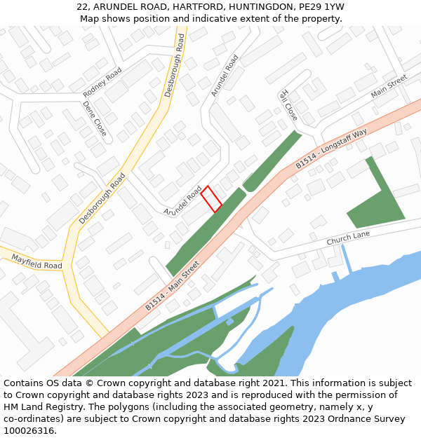 22, ARUNDEL ROAD, HARTFORD, HUNTINGDON, PE29 1YW: Location map and indicative extent of plot