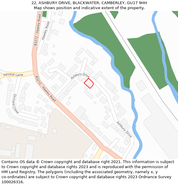 22, ASHBURY DRIVE, BLACKWATER, CAMBERLEY, GU17 9HH: Location map and indicative extent of plot