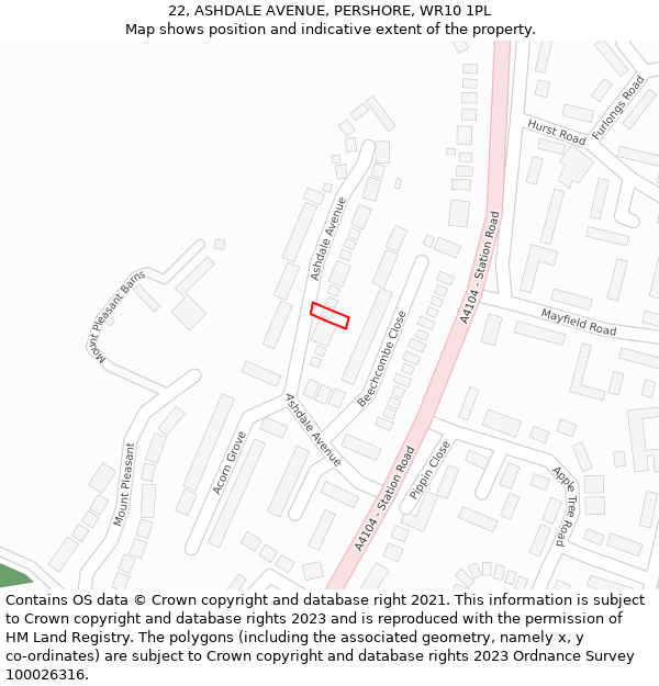 22, ASHDALE AVENUE, PERSHORE, WR10 1PL: Location map and indicative extent of plot