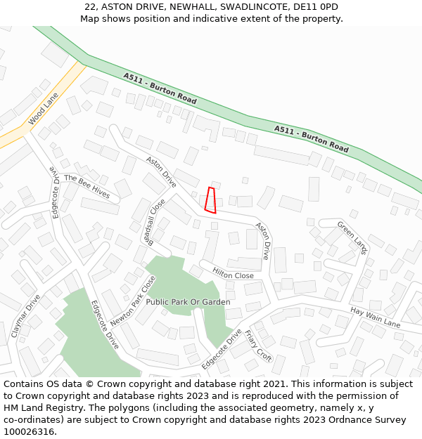 22, ASTON DRIVE, NEWHALL, SWADLINCOTE, DE11 0PD: Location map and indicative extent of plot