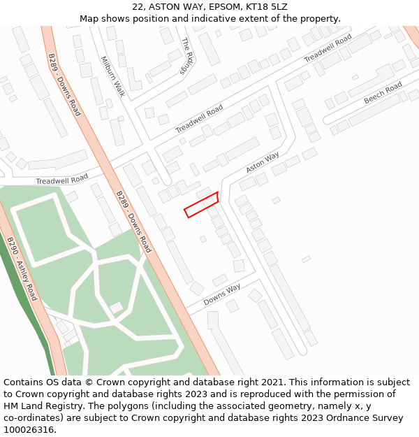 22, ASTON WAY, EPSOM, KT18 5LZ: Location map and indicative extent of plot