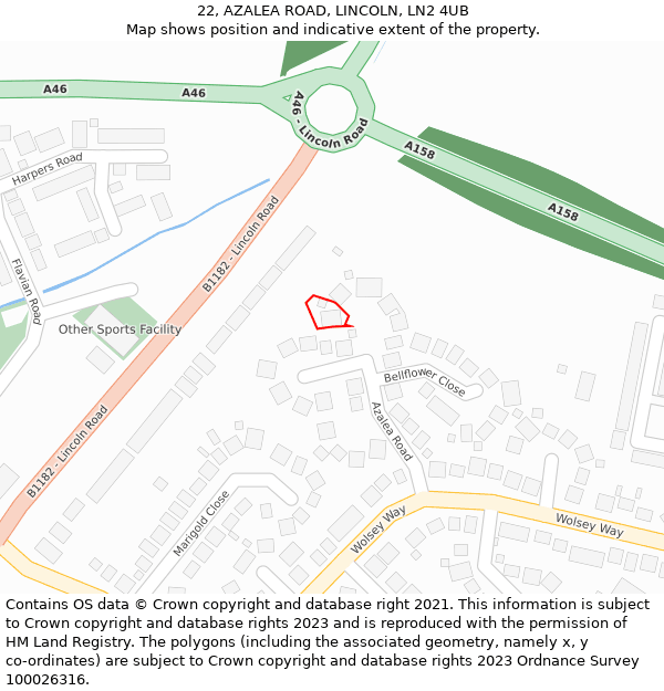 22, AZALEA ROAD, LINCOLN, LN2 4UB: Location map and indicative extent of plot