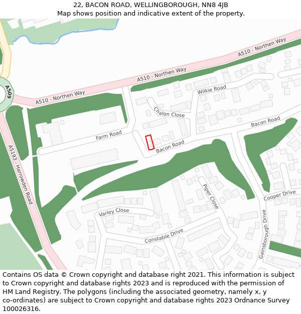 22, BACON ROAD, WELLINGBOROUGH, NN8 4JB: Location map and indicative extent of plot