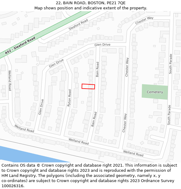 22, BAIN ROAD, BOSTON, PE21 7QE: Location map and indicative extent of plot