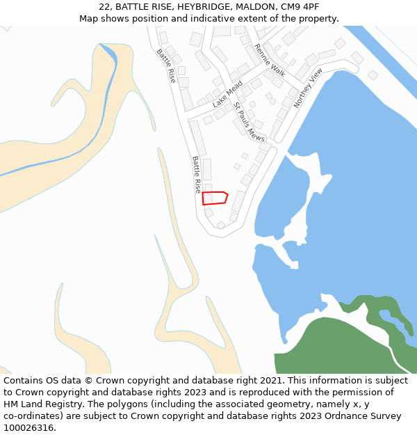 22, BATTLE RISE, HEYBRIDGE, MALDON, CM9 4PF: Location map and indicative extent of plot