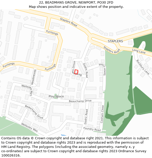 22, BEADMANS GROVE, NEWPORT, PO30 2FD: Location map and indicative extent of plot