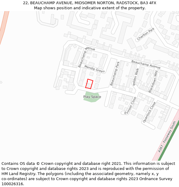 22, BEAUCHAMP AVENUE, MIDSOMER NORTON, RADSTOCK, BA3 4FX: Location map and indicative extent of plot