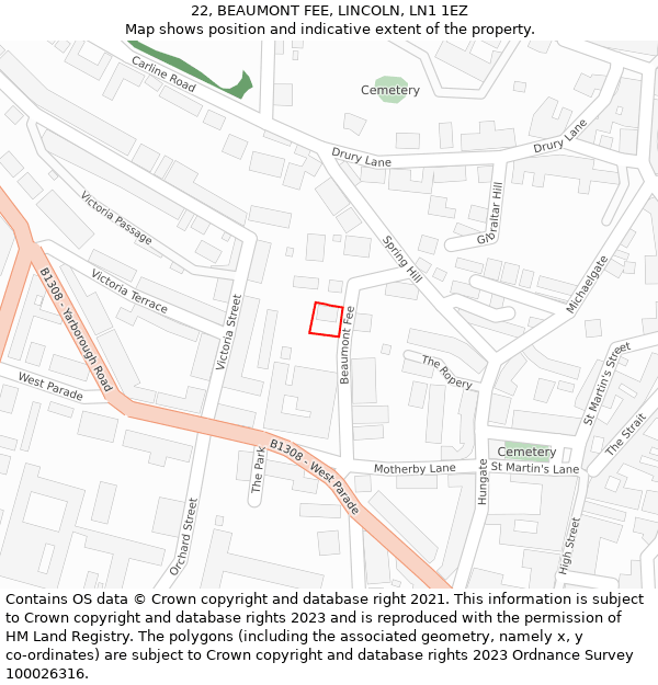 22, BEAUMONT FEE, LINCOLN, LN1 1EZ: Location map and indicative extent of plot