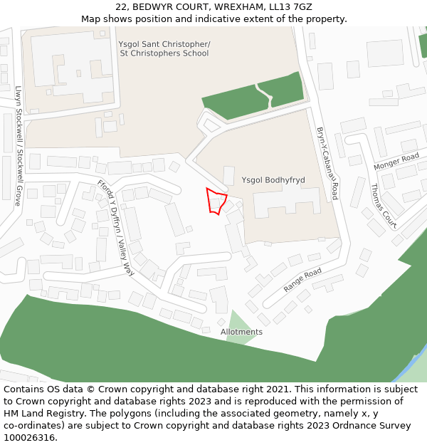 22, BEDWYR COURT, WREXHAM, LL13 7GZ: Location map and indicative extent of plot