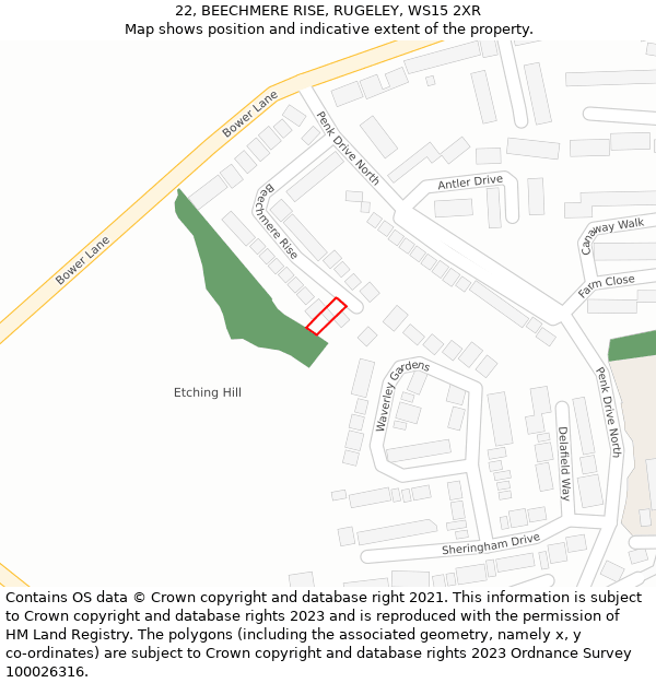 22, BEECHMERE RISE, RUGELEY, WS15 2XR: Location map and indicative extent of plot