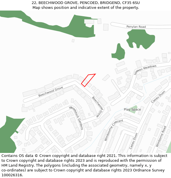 22, BEECHWOOD GROVE, PENCOED, BRIDGEND, CF35 6SU: Location map and indicative extent of plot