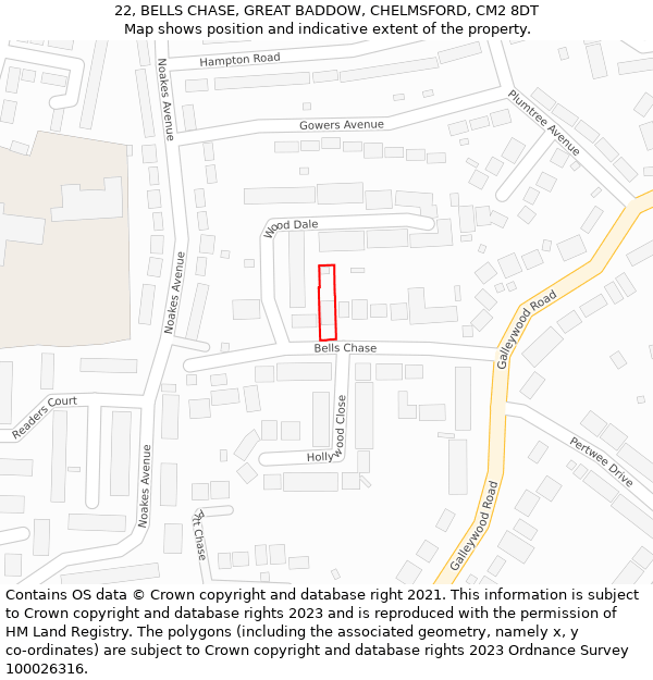 22, BELLS CHASE, GREAT BADDOW, CHELMSFORD, CM2 8DT: Location map and indicative extent of plot