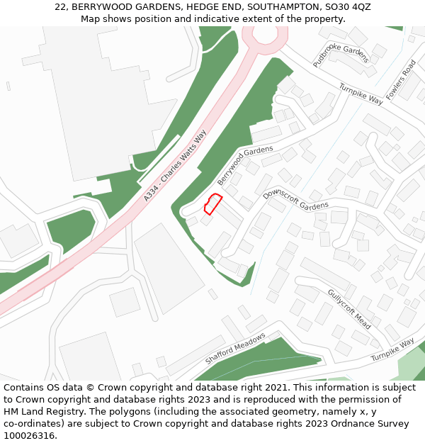 22, BERRYWOOD GARDENS, HEDGE END, SOUTHAMPTON, SO30 4QZ: Location map and indicative extent of plot