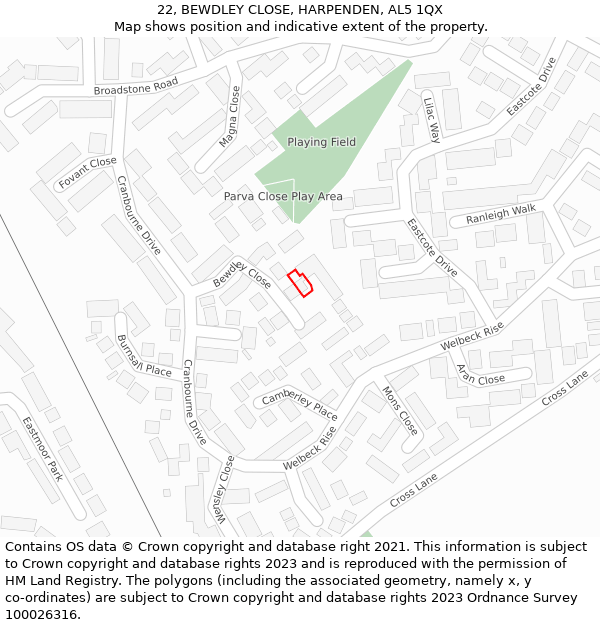 22, BEWDLEY CLOSE, HARPENDEN, AL5 1QX: Location map and indicative extent of plot