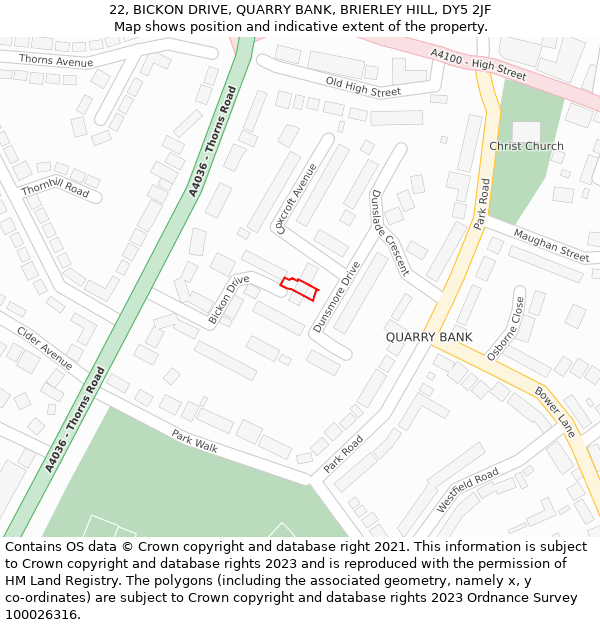 22, BICKON DRIVE, QUARRY BANK, BRIERLEY HILL, DY5 2JF: Location map and indicative extent of plot