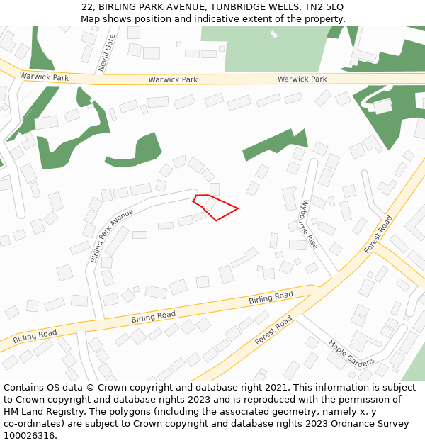 22, BIRLING PARK AVENUE, TUNBRIDGE WELLS, TN2 5LQ: Location map and indicative extent of plot