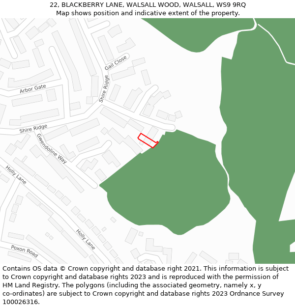 22, BLACKBERRY LANE, WALSALL WOOD, WALSALL, WS9 9RQ: Location map and indicative extent of plot