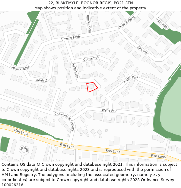 22, BLAKEMYLE, BOGNOR REGIS, PO21 3TN: Location map and indicative extent of plot