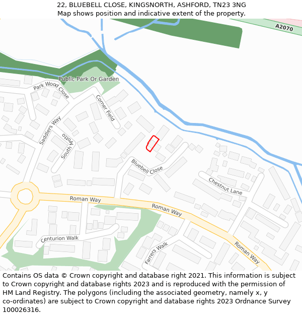22, BLUEBELL CLOSE, KINGSNORTH, ASHFORD, TN23 3NG: Location map and indicative extent of plot