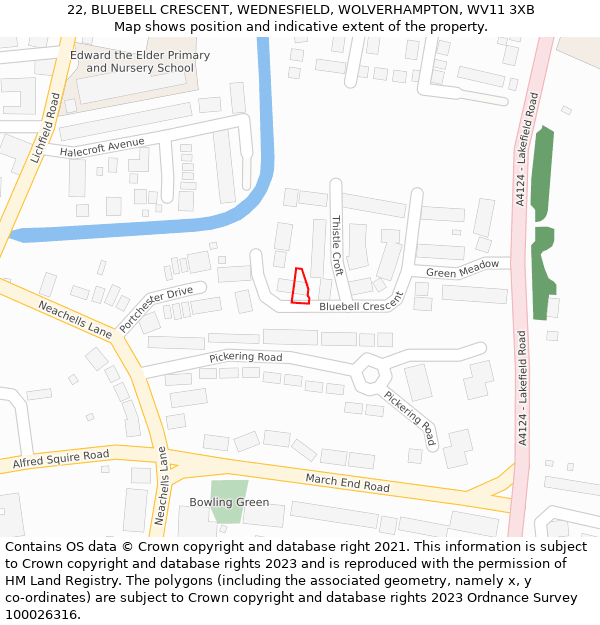 22, BLUEBELL CRESCENT, WEDNESFIELD, WOLVERHAMPTON, WV11 3XB: Location map and indicative extent of plot