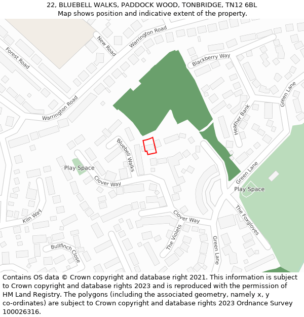 22, BLUEBELL WALKS, PADDOCK WOOD, TONBRIDGE, TN12 6BL: Location map and indicative extent of plot