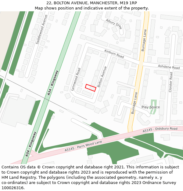 22, BOLTON AVENUE, MANCHESTER, M19 1RP: Location map and indicative extent of plot