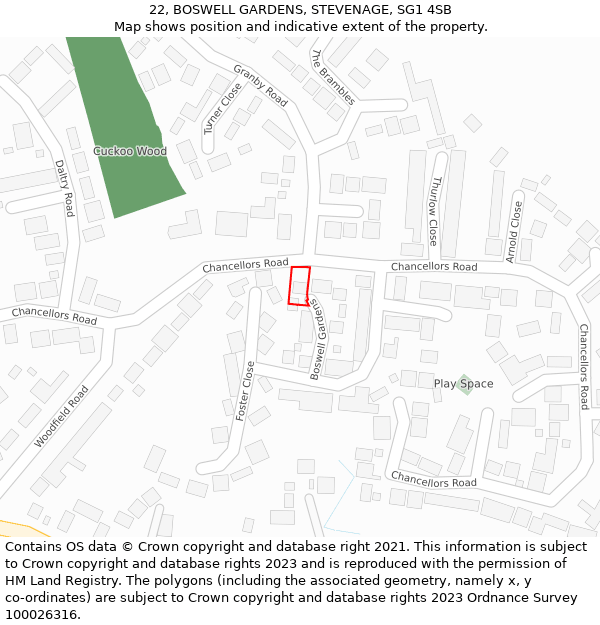 22, BOSWELL GARDENS, STEVENAGE, SG1 4SB: Location map and indicative extent of plot