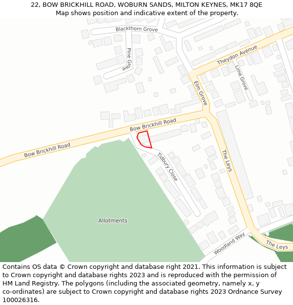 22, BOW BRICKHILL ROAD, WOBURN SANDS, MILTON KEYNES, MK17 8QE: Location map and indicative extent of plot