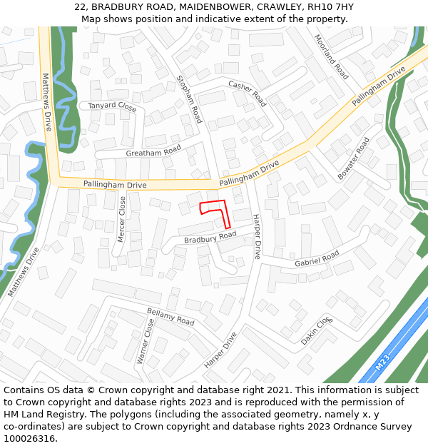 22, BRADBURY ROAD, MAIDENBOWER, CRAWLEY, RH10 7HY: Location map and indicative extent of plot