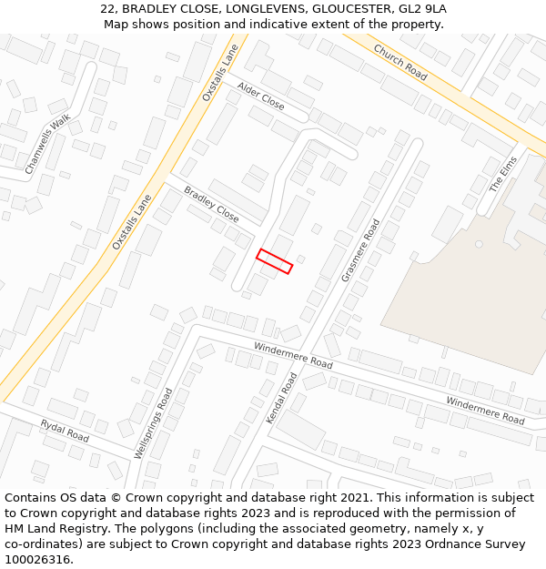 22, BRADLEY CLOSE, LONGLEVENS, GLOUCESTER, GL2 9LA: Location map and indicative extent of plot