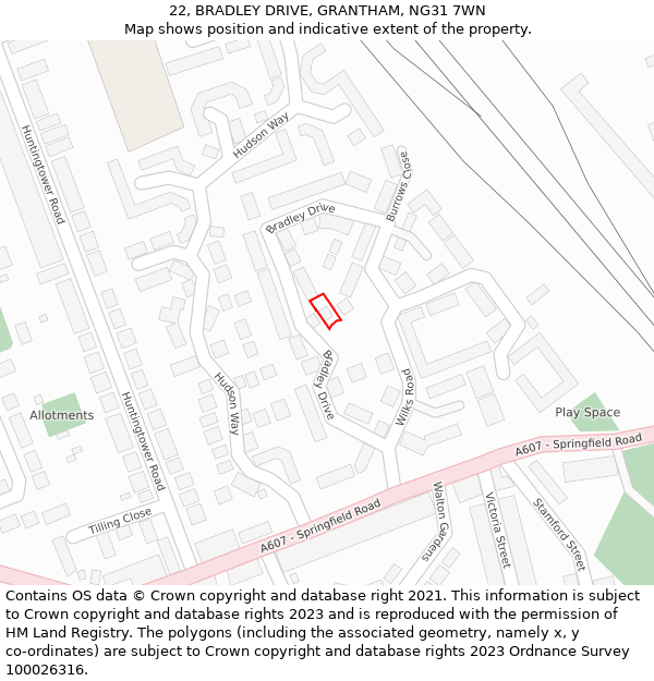 22, BRADLEY DRIVE, GRANTHAM, NG31 7WN: Location map and indicative extent of plot