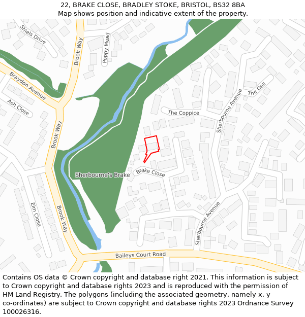 22, BRAKE CLOSE, BRADLEY STOKE, BRISTOL, BS32 8BA: Location map and indicative extent of plot