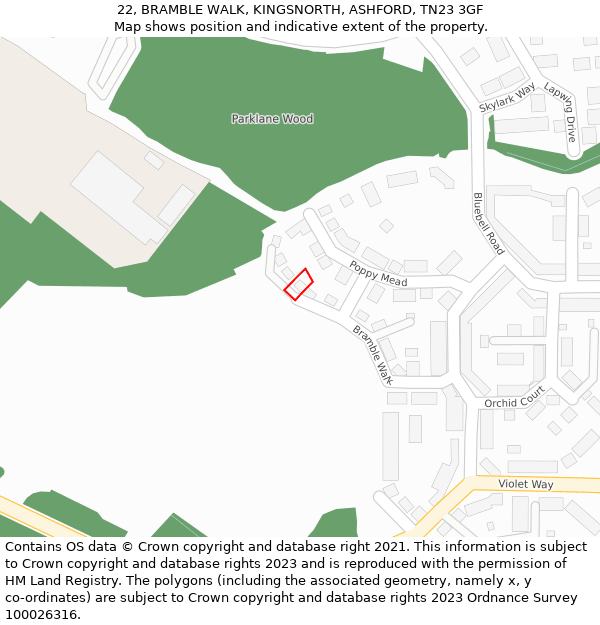 22, BRAMBLE WALK, KINGSNORTH, ASHFORD, TN23 3GF: Location map and indicative extent of plot