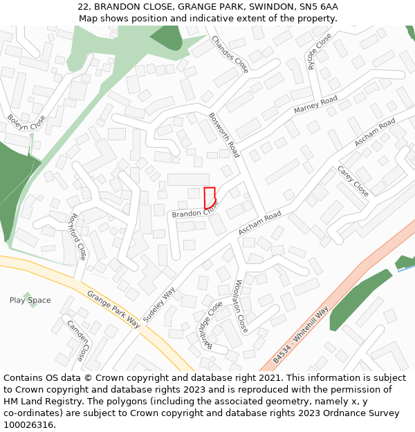 22, BRANDON CLOSE, GRANGE PARK, SWINDON, SN5 6AA: Location map and indicative extent of plot