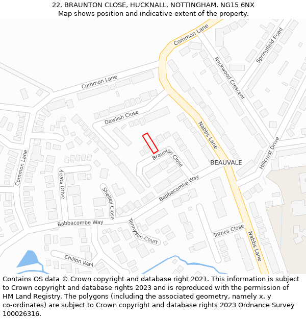 22, BRAUNTON CLOSE, HUCKNALL, NOTTINGHAM, NG15 6NX: Location map and indicative extent of plot