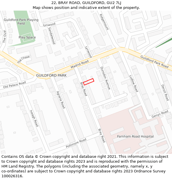 22, BRAY ROAD, GUILDFORD, GU2 7LJ: Location map and indicative extent of plot