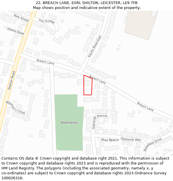 22, BREACH LANE, EARL SHILTON, LEICESTER, LE9 7FB: Location map and indicative extent of plot