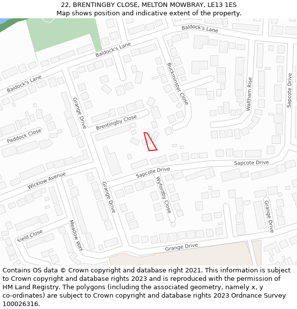 22, BRENTINGBY CLOSE, MELTON MOWBRAY, LE13 1ES: Location map and indicative extent of plot