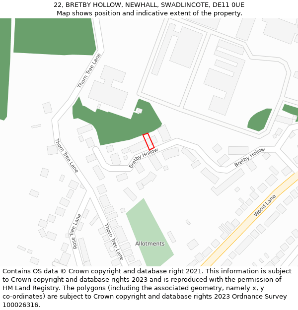 22, BRETBY HOLLOW, NEWHALL, SWADLINCOTE, DE11 0UE: Location map and indicative extent of plot