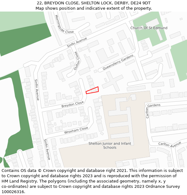 22, BREYDON CLOSE, SHELTON LOCK, DERBY, DE24 9DT: Location map and indicative extent of plot