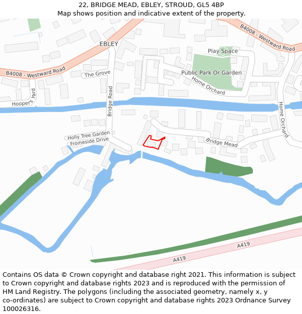 22, BRIDGE MEAD, EBLEY, STROUD, GL5 4BP: Location map and indicative extent of plot