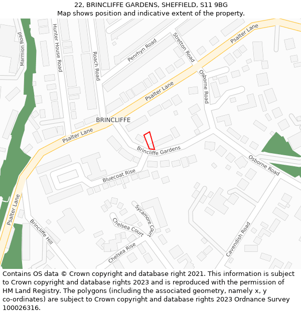 22, BRINCLIFFE GARDENS, SHEFFIELD, S11 9BG: Location map and indicative extent of plot