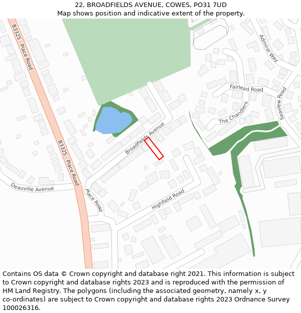 22, BROADFIELDS AVENUE, COWES, PO31 7UD: Location map and indicative extent of plot