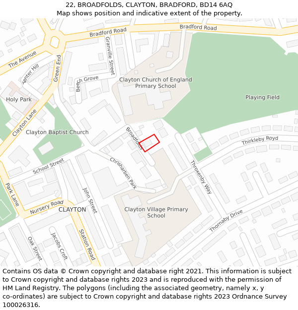 22, BROADFOLDS, CLAYTON, BRADFORD, BD14 6AQ: Location map and indicative extent of plot