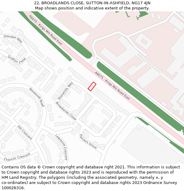 22, BROADLANDS CLOSE, SUTTON-IN-ASHFIELD, NG17 4JN: Location map and indicative extent of plot