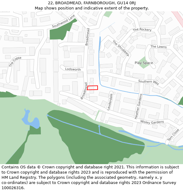 22, BROADMEAD, FARNBOROUGH, GU14 0RJ: Location map and indicative extent of plot