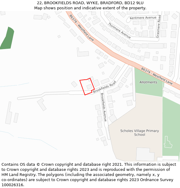 22, BROOKFIELDS ROAD, WYKE, BRADFORD, BD12 9LU: Location map and indicative extent of plot