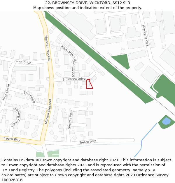 22, BROWNSEA DRIVE, WICKFORD, SS12 9LB: Location map and indicative extent of plot