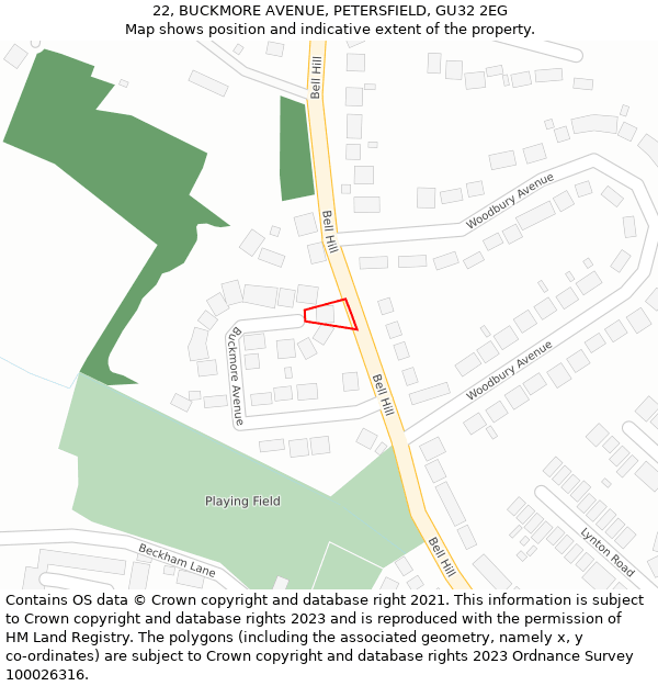 22, BUCKMORE AVENUE, PETERSFIELD, GU32 2EG: Location map and indicative extent of plot